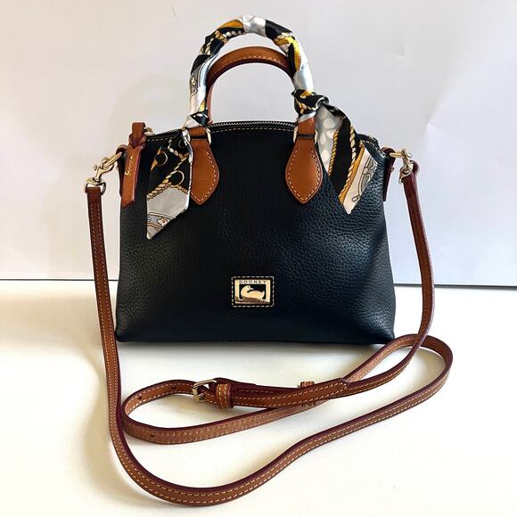 DOONEY & BOURKE Dillen Satchel, Black and Brown Leather Crossbody, + Bag Scarf! - Picture 1 of 15